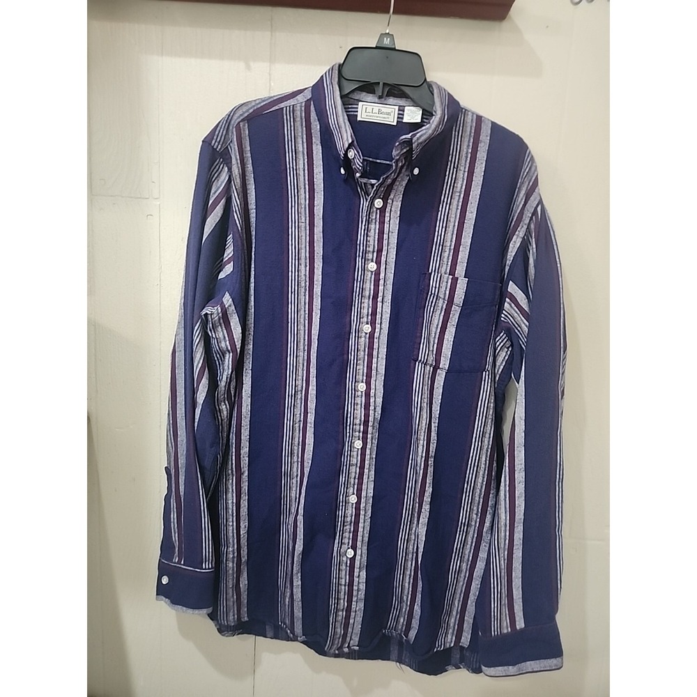 Vintage LL Bean Shirt Men Large Tall Blue Striped Northwoods Flannel Made in USA